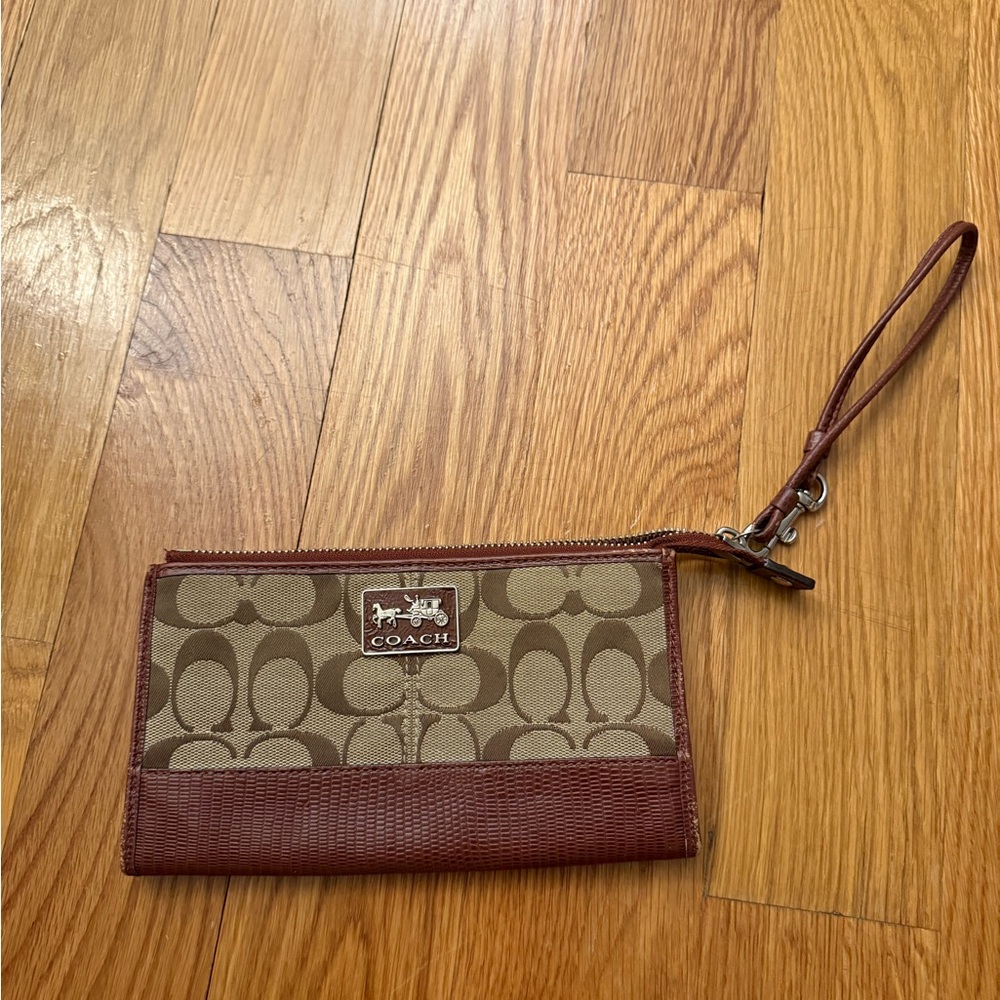 Coach Signature Wristlet in Brown and Tan